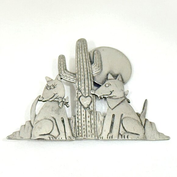 Vintage JJ (Jonette Jewelry) Coyotes/Dogs in Love Brooch/Pin Pewter - Picture 1 of 4